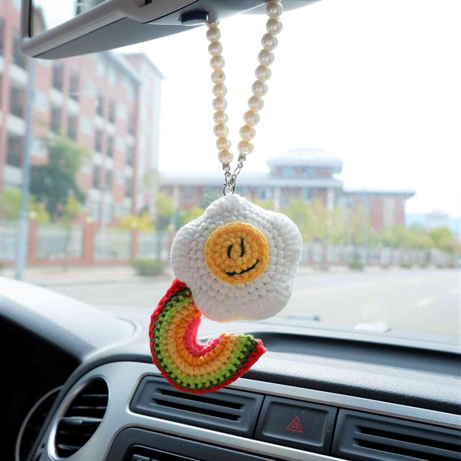 Crochet Car Mirror Accessory - Smile Poached Egg & Rainbow Design