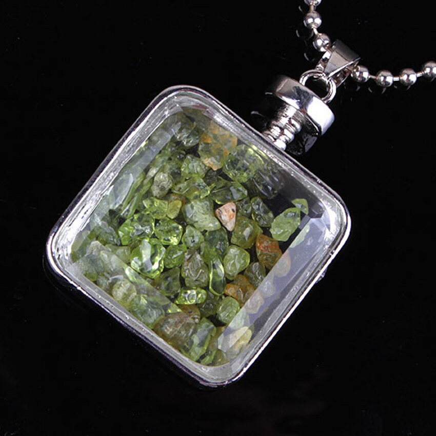 Natural Gnergy Gemstone Silver Plated Square Shape Wish Bottle Green Olivine Stone Pendant Jewelry