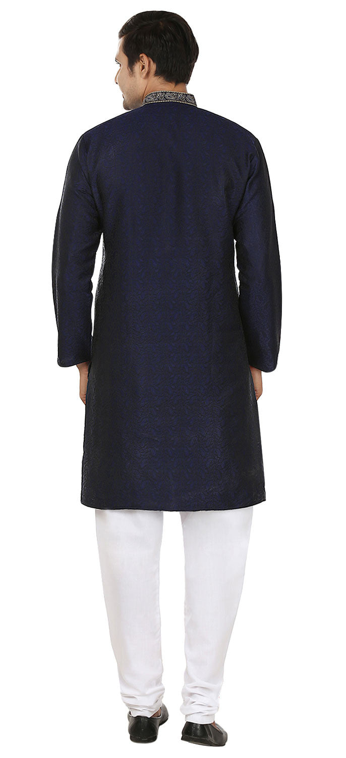 Jacquard Silk Embroidered Mens Kurta Pajama India Clothing (Blue)