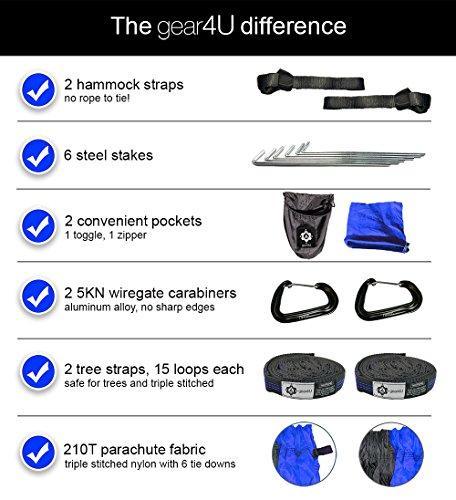 gear4U: Two Person, Double Camping Hammock with Heavy Duty Tree Straps and Accessories