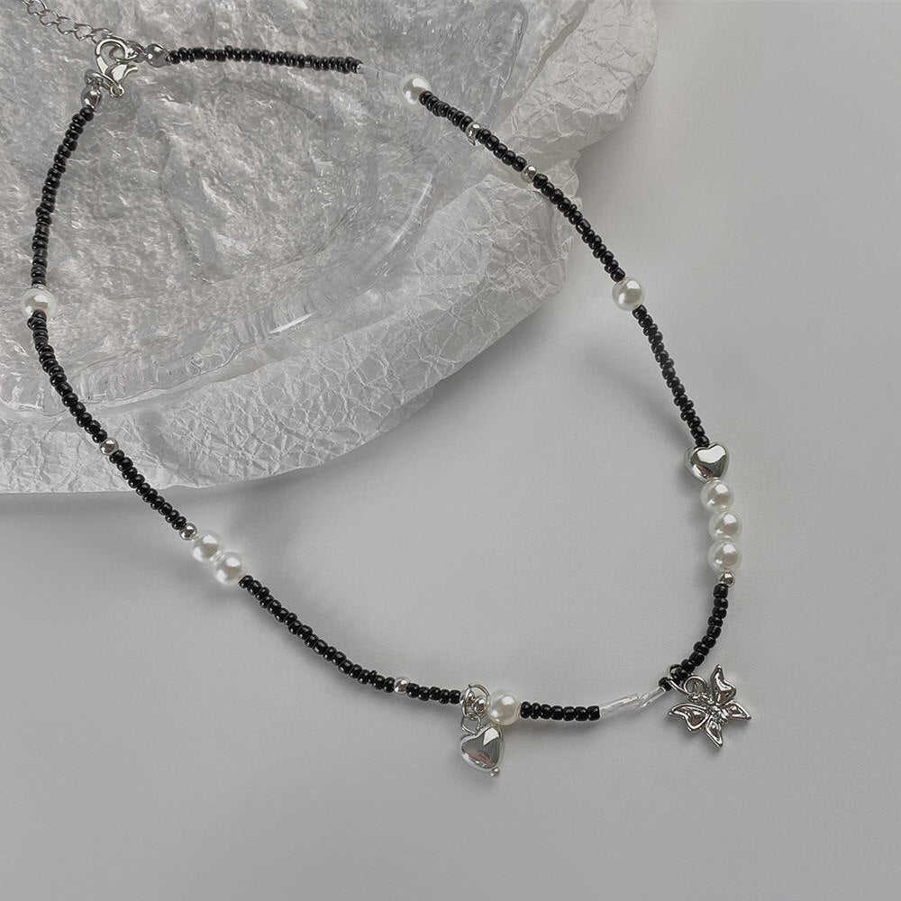 Cosysail Simple Pearl Butterfly Pendant Necklace - Boho Y2K Black Beaded Choker for Women