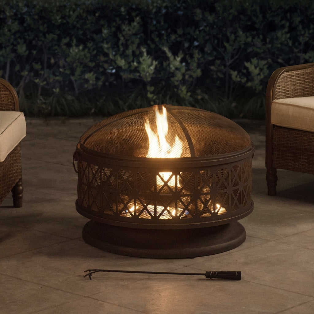 Sunjoy 30 in. Outdoor Fire Pit - Black Steel Wood Burning Fire Pit with Spark Screen and Fire Poker