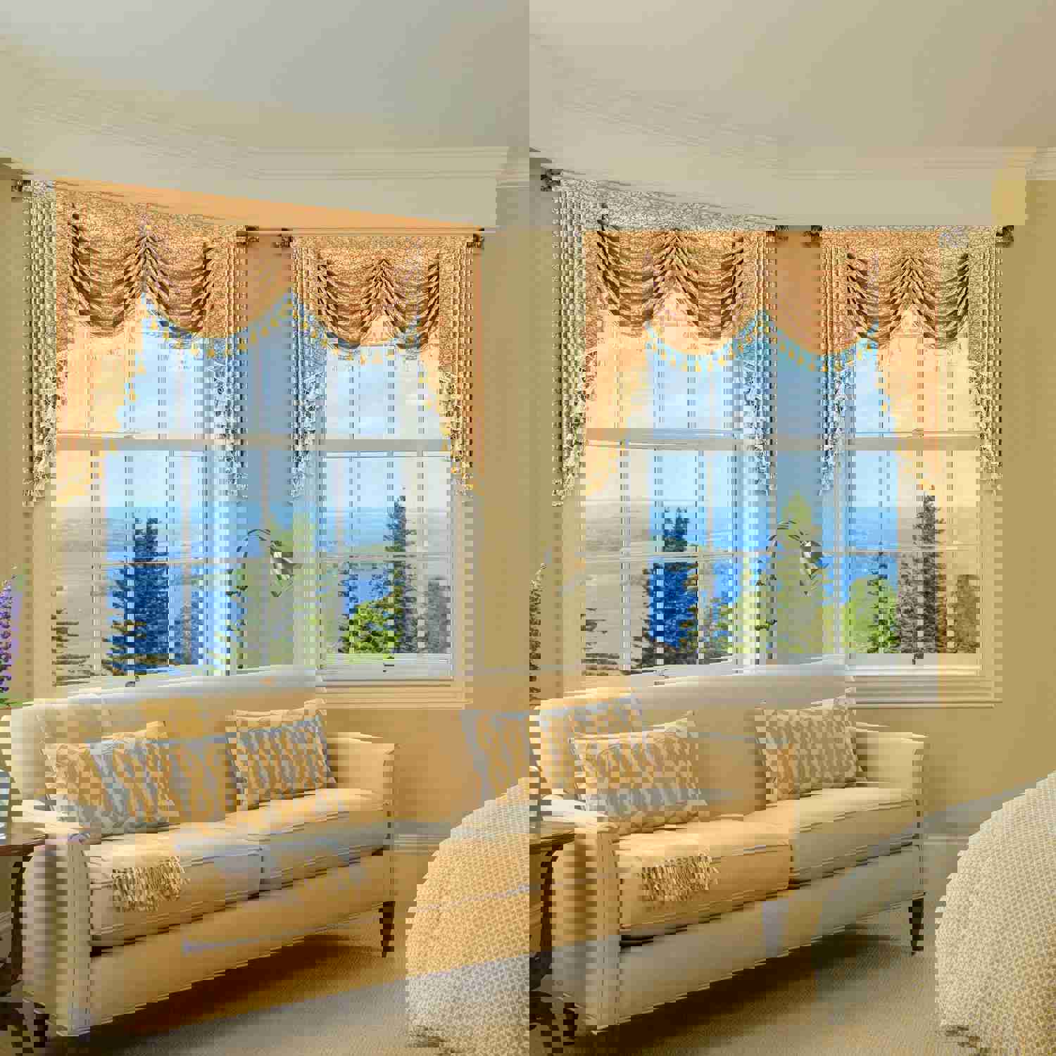 Irises Swag Valance - Classic Damask Pattern Waterfall Window Valance