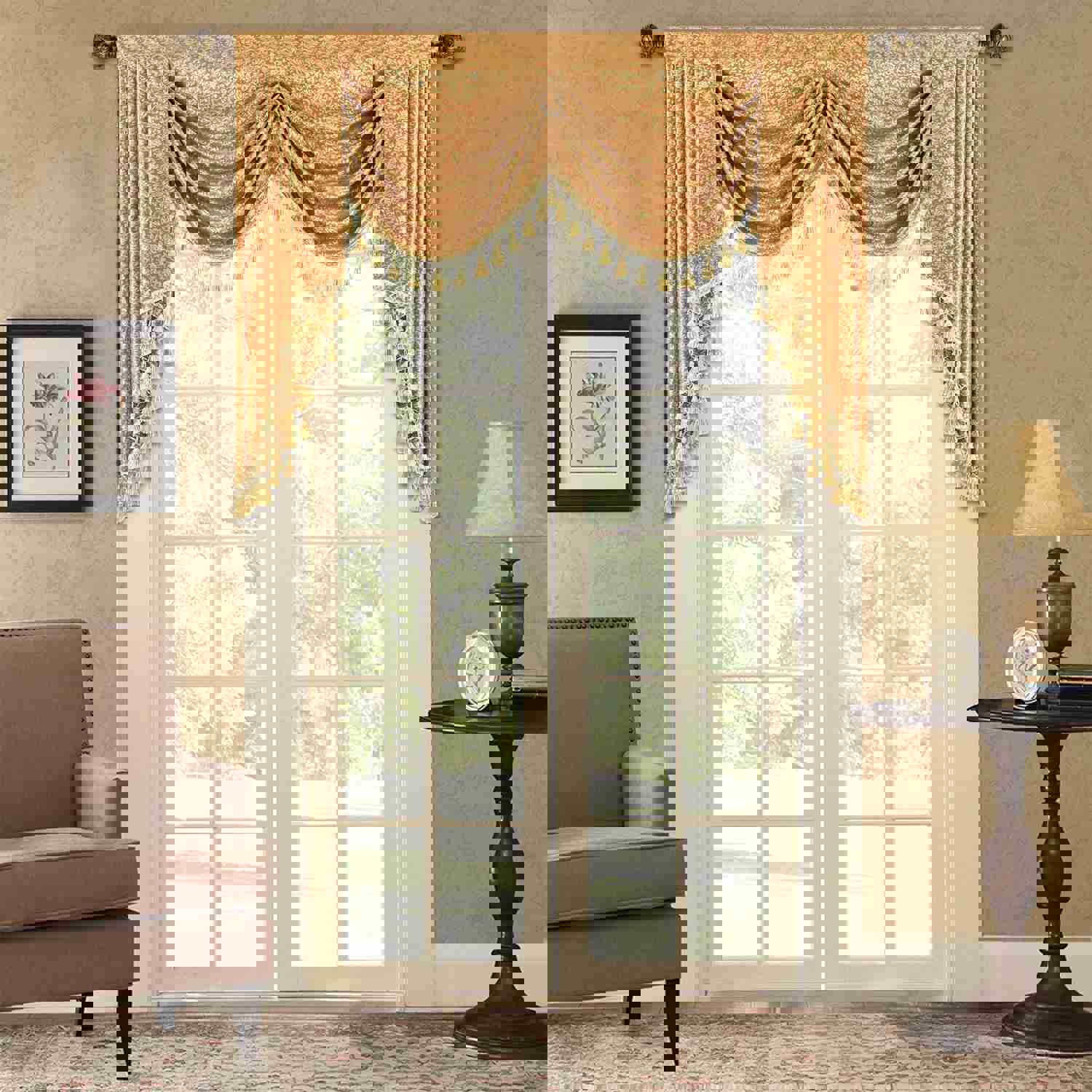Irises Swag Valance - Classic Damask Pattern Waterfall Window Valance