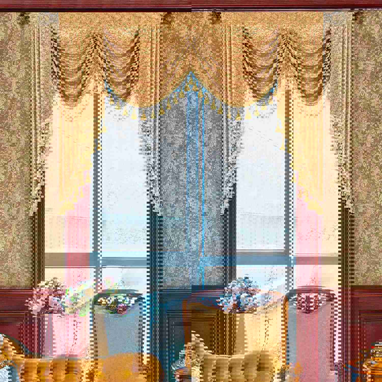 Irises Swag Valance - Classic Damask Pattern Waterfall Window Valance