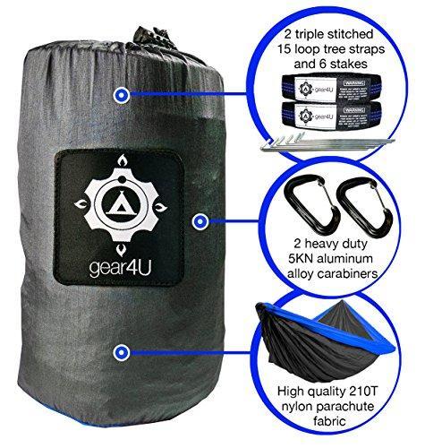 gear4U: Two Person, Double Camping Hammock with Heavy Duty Tree Straps and Accessories