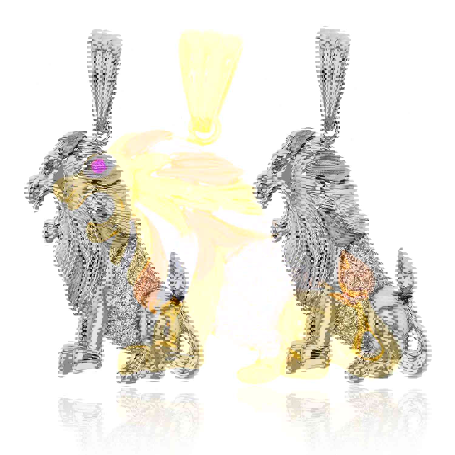 14K Gold Tricolor 42x35mm Pave Lion Pendant