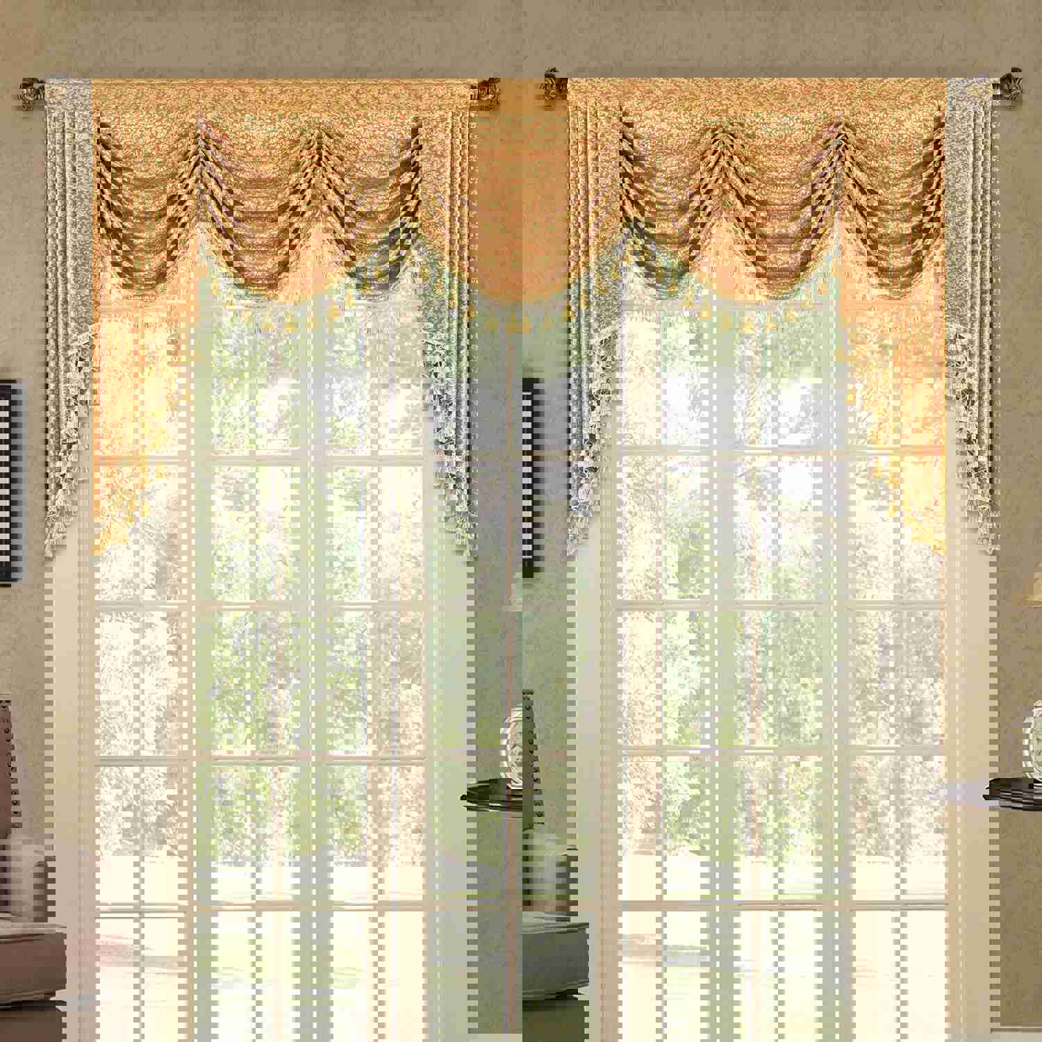 Irises Swag Valance - Classic Damask Pattern Waterfall Window Valance