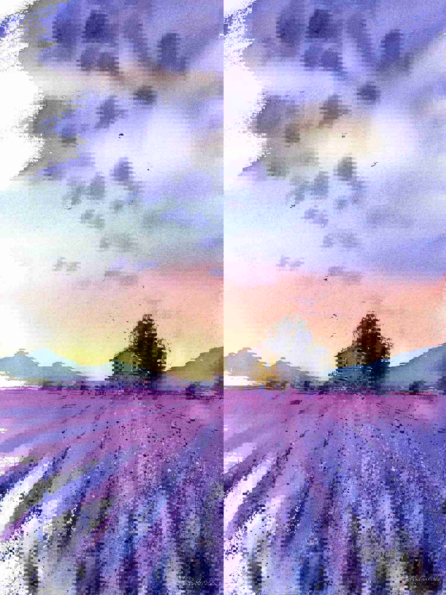 Provence Wall Decor, Lavender Art Print, France Landscape Watercolor Painting