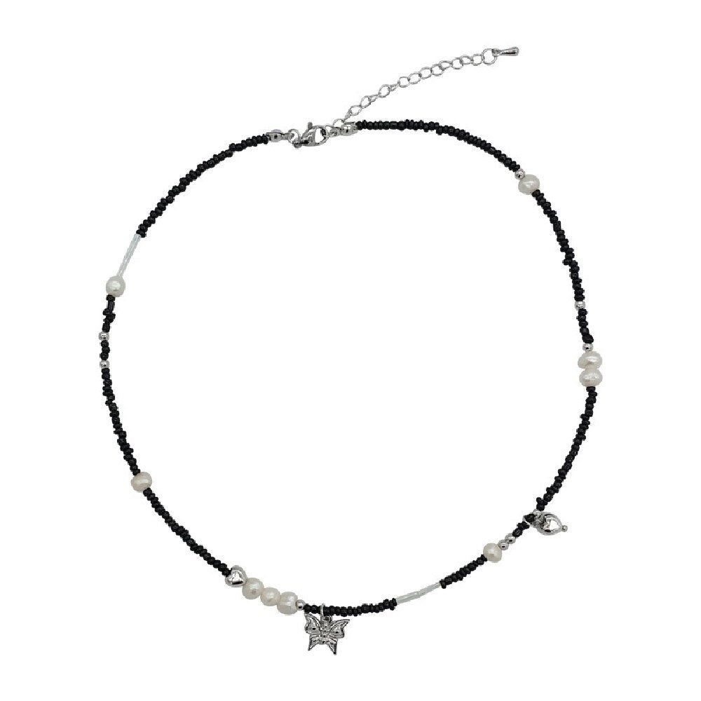 Cosysail Simple Pearl Butterfly Pendant Necklace - Boho Y2K Black Beaded Choker for Women