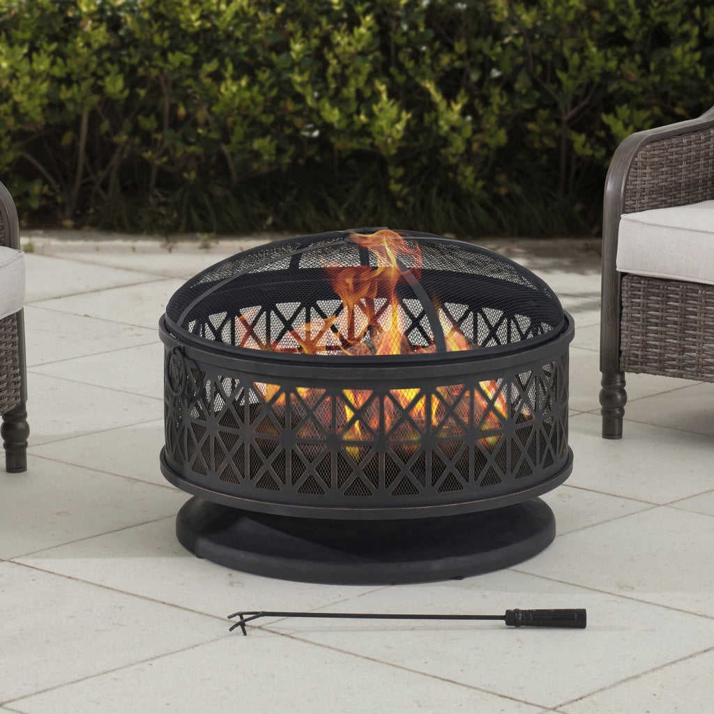 Sunjoy 30 in. Outdoor Fire Pit - Black Steel Wood Burning Fire Pit with Spark Screen and Fire Poker