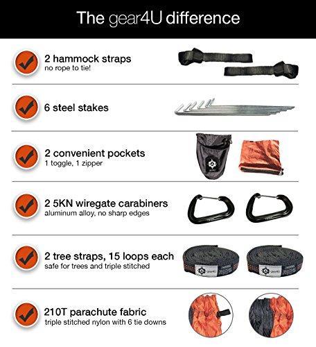 gear4U: Two Person, Double Camping Hammock with Heavy Duty Tree Straps and Accessories