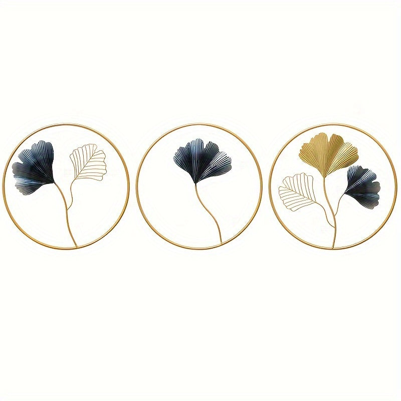 3pcs European Style Iron Art Ginkgo Wall Hanging, Modern Fashion Wall Decor for Home Living Room Bedroom Nursery