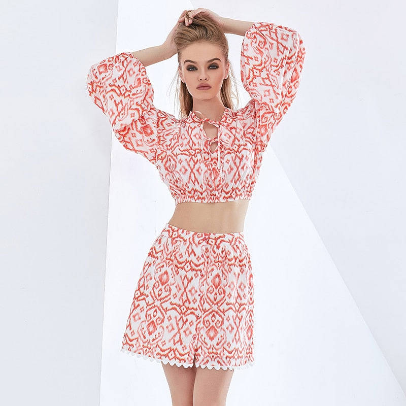 Print Lace Set Lantern Sleeve Tops High Waist Skirt Sexy Suit 2022 Summer Clothing