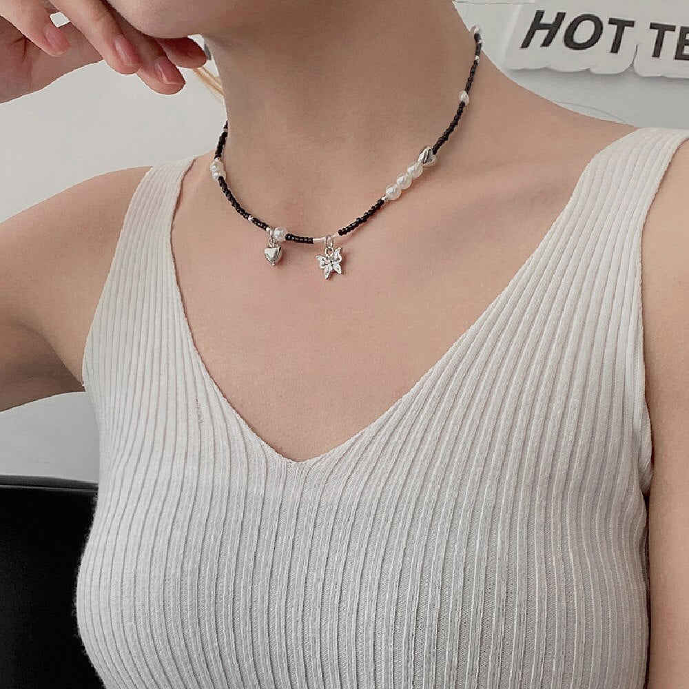 Cosysail Simple Pearl Butterfly Pendant Necklace - Boho Y2K Black Beaded Choker for Women