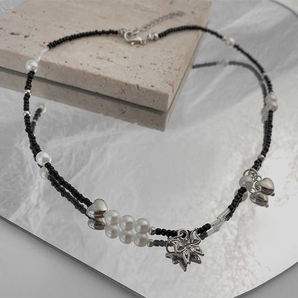 Cosysail Simple Pearl Butterfly Pendant Necklace - Boho Y2K Black Beaded Choker for Women