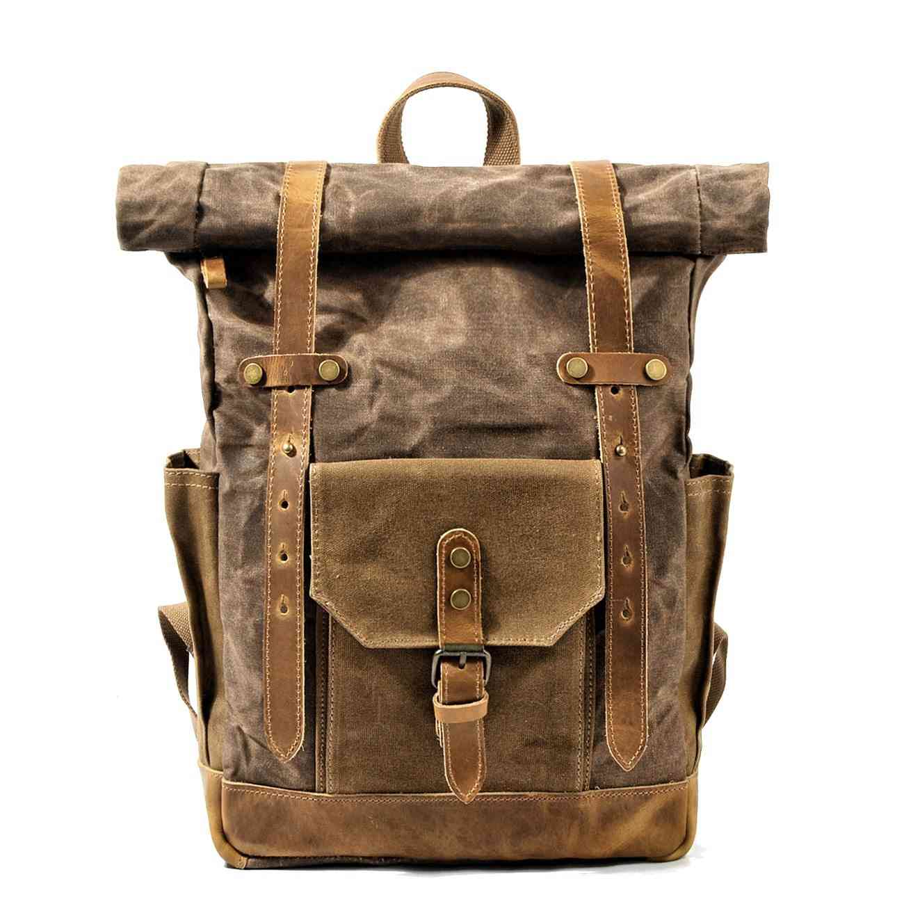 Large Capacity Vintage Canvas Waterproof Genuine Leather Backpack