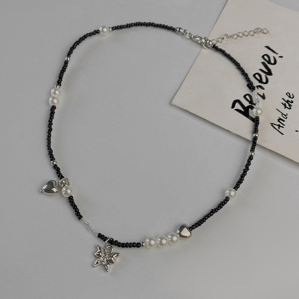 Cosysail Simple Pearl Butterfly Pendant Necklace - Boho Y2K Black Beaded Choker for Women