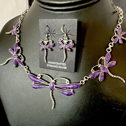 Dragonfly Purple Sugilite Necklace Navajo Sterling Silver Pendant Earrings