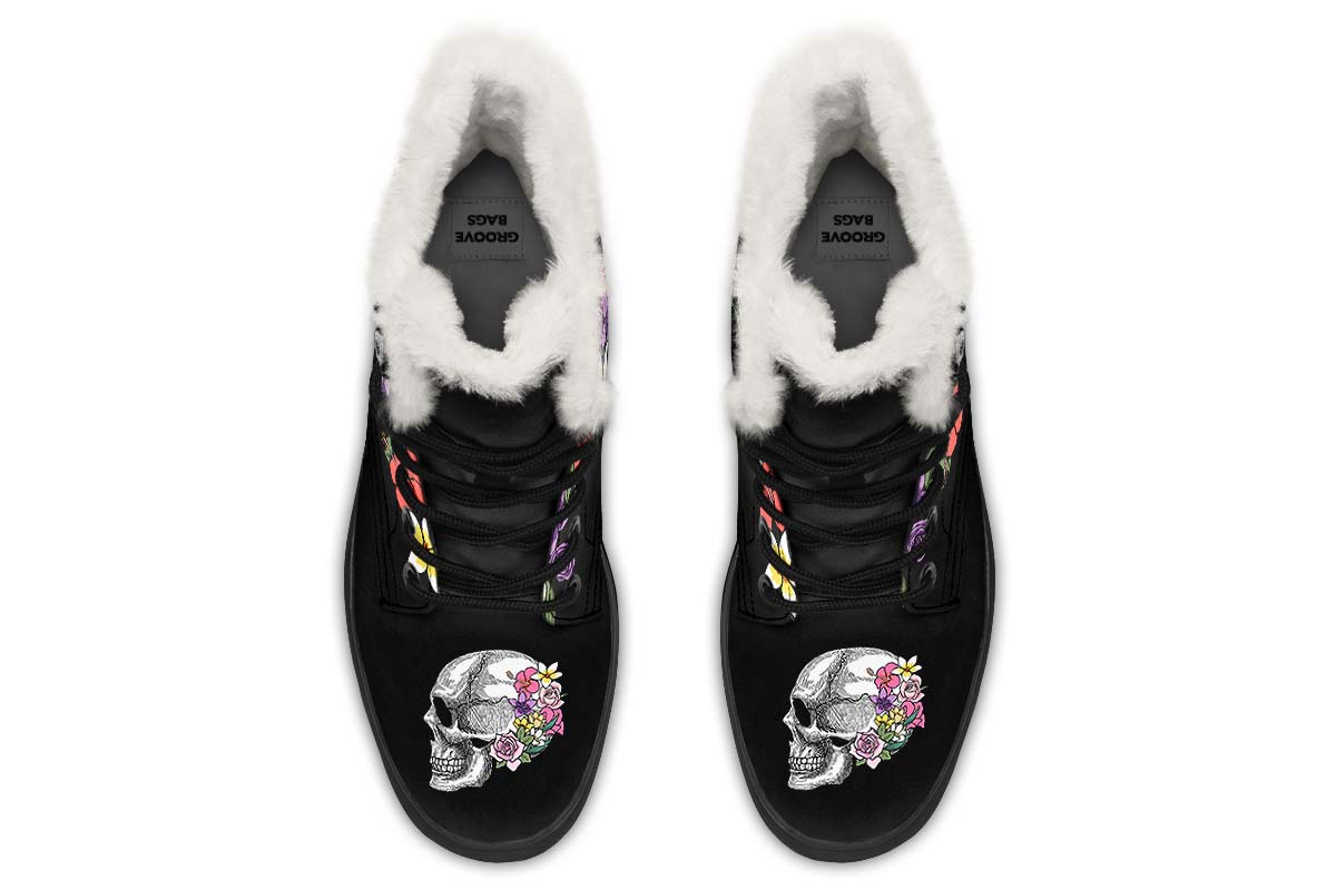 Floral Anatomy Skull Winter Boots - Custom Printed, High-Quality Microsuede