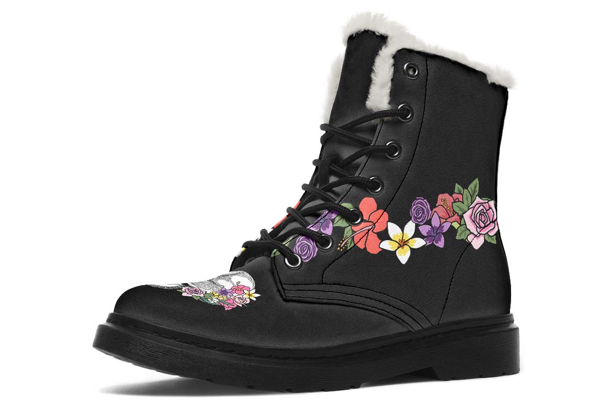 Floral Anatomy Skull Winter Boots - Custom Printed, High-Quality Microsuede