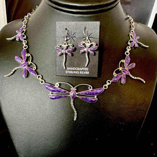 Dragonfly Purple Sugilite Necklace Navajo Sterling Silver Pendant Earrings