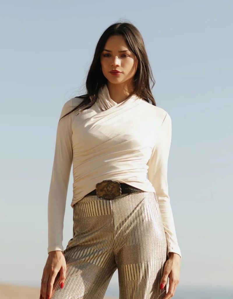 Nightcap Wrap Collar Top in Cream - Luxurious Modal French Terry