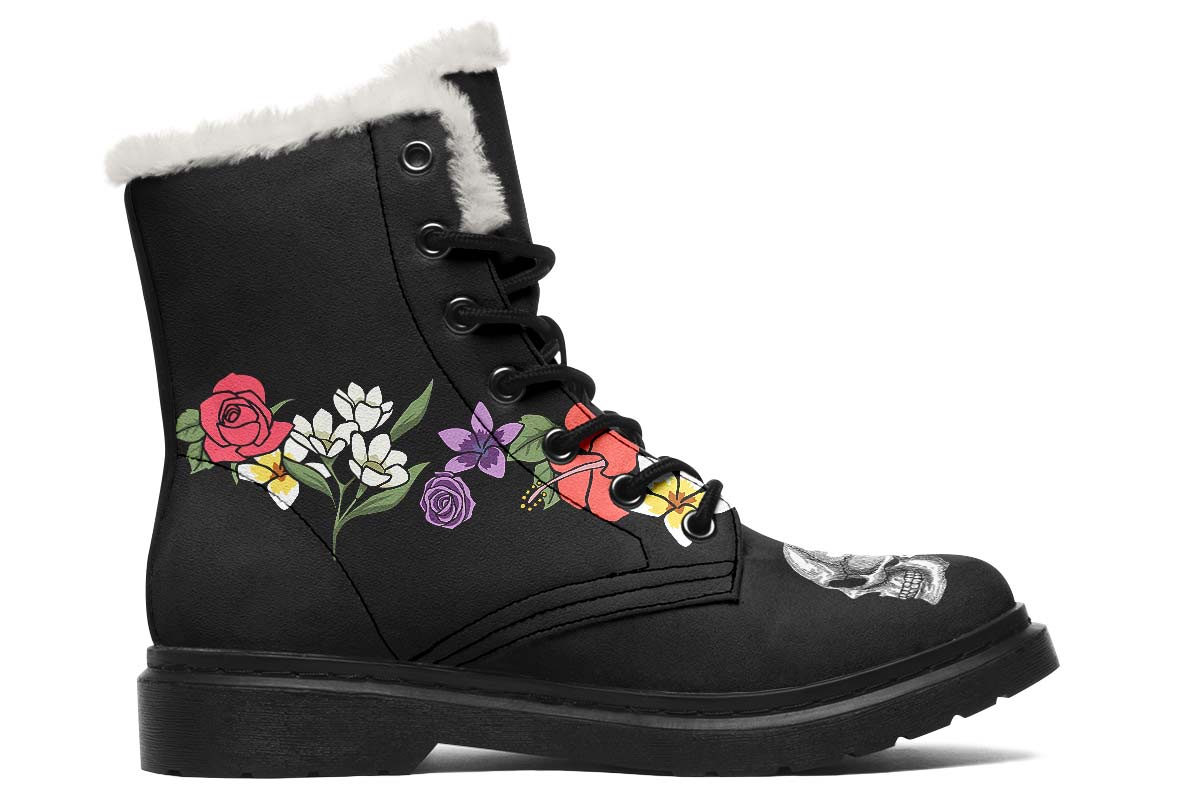 Floral Anatomy Skull Winter Boots - Custom Printed, High-Quality Microsuede