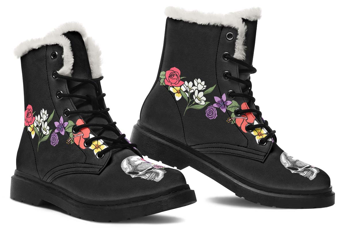 Floral Anatomy Skull Winter Boots - Custom Printed, High-Quality Microsuede