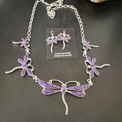 Dragonfly Purple Sugilite Necklace Navajo Sterling Silver Pendant Earrings