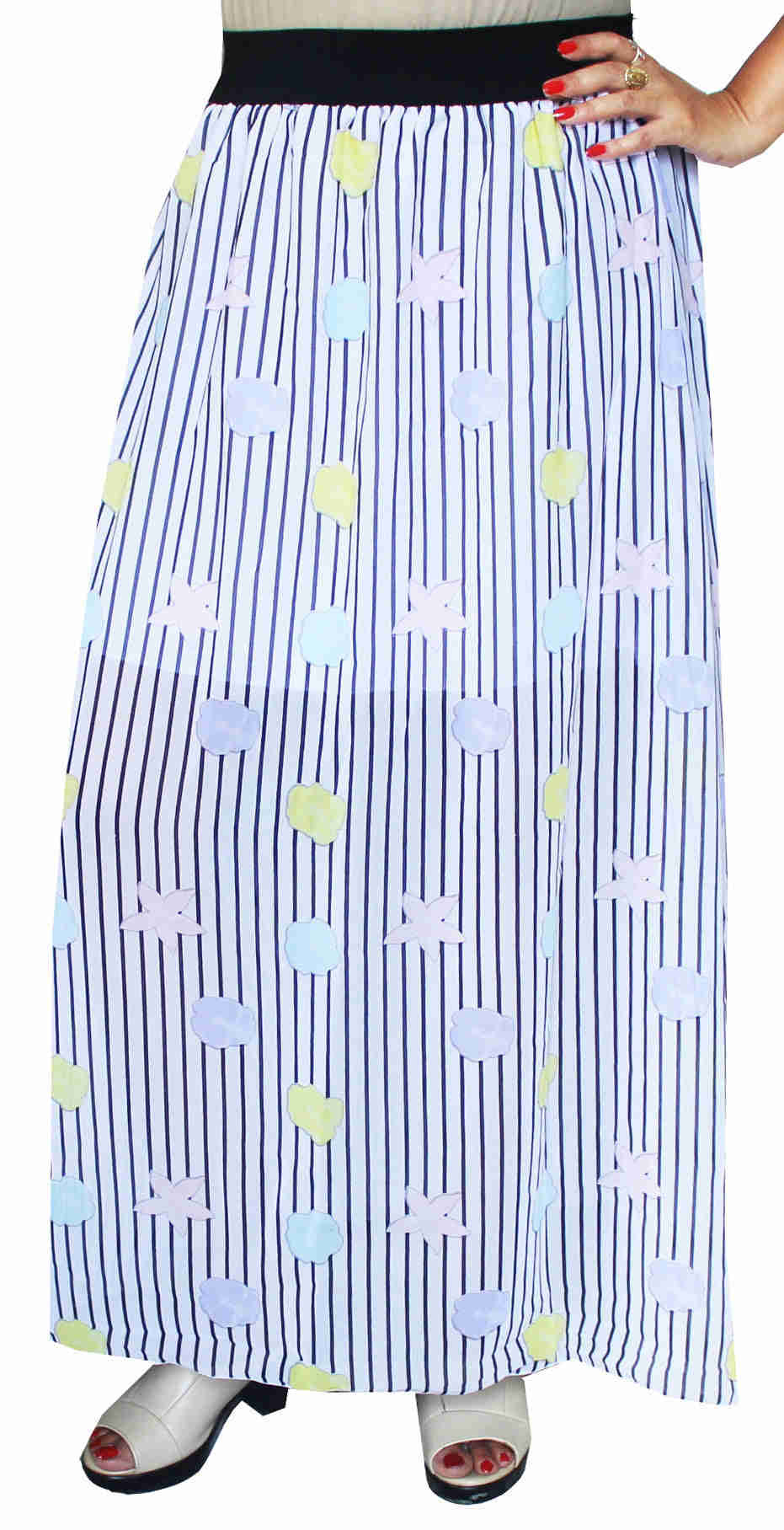 Women's Indian Long Skirt - Chiffon Printed Elegant Summer Skirt (White)