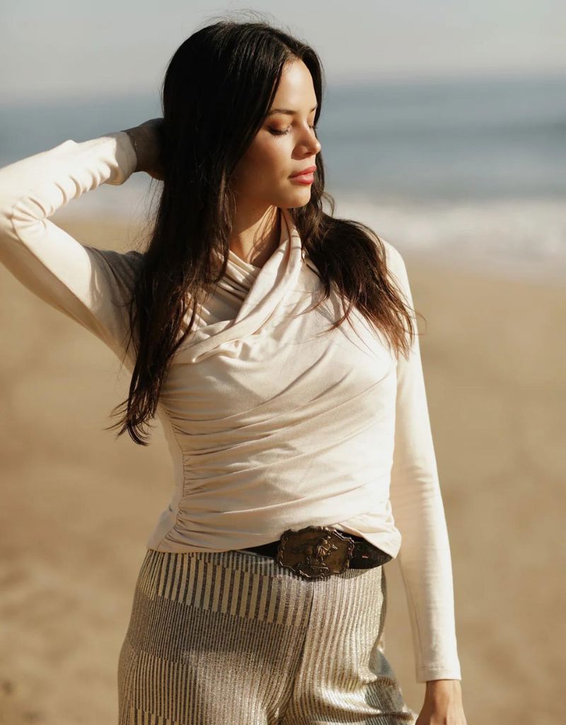 Nightcap Wrap Collar Top in Cream - Luxurious Modal French Terry