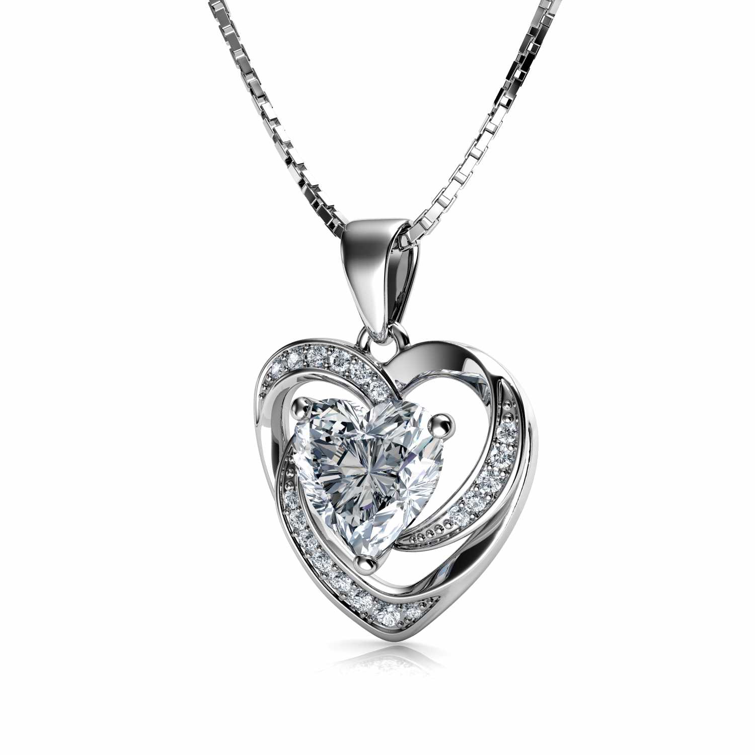 White Heart Necklace - 925 Sterling Silver Pendant with CZ Crystal