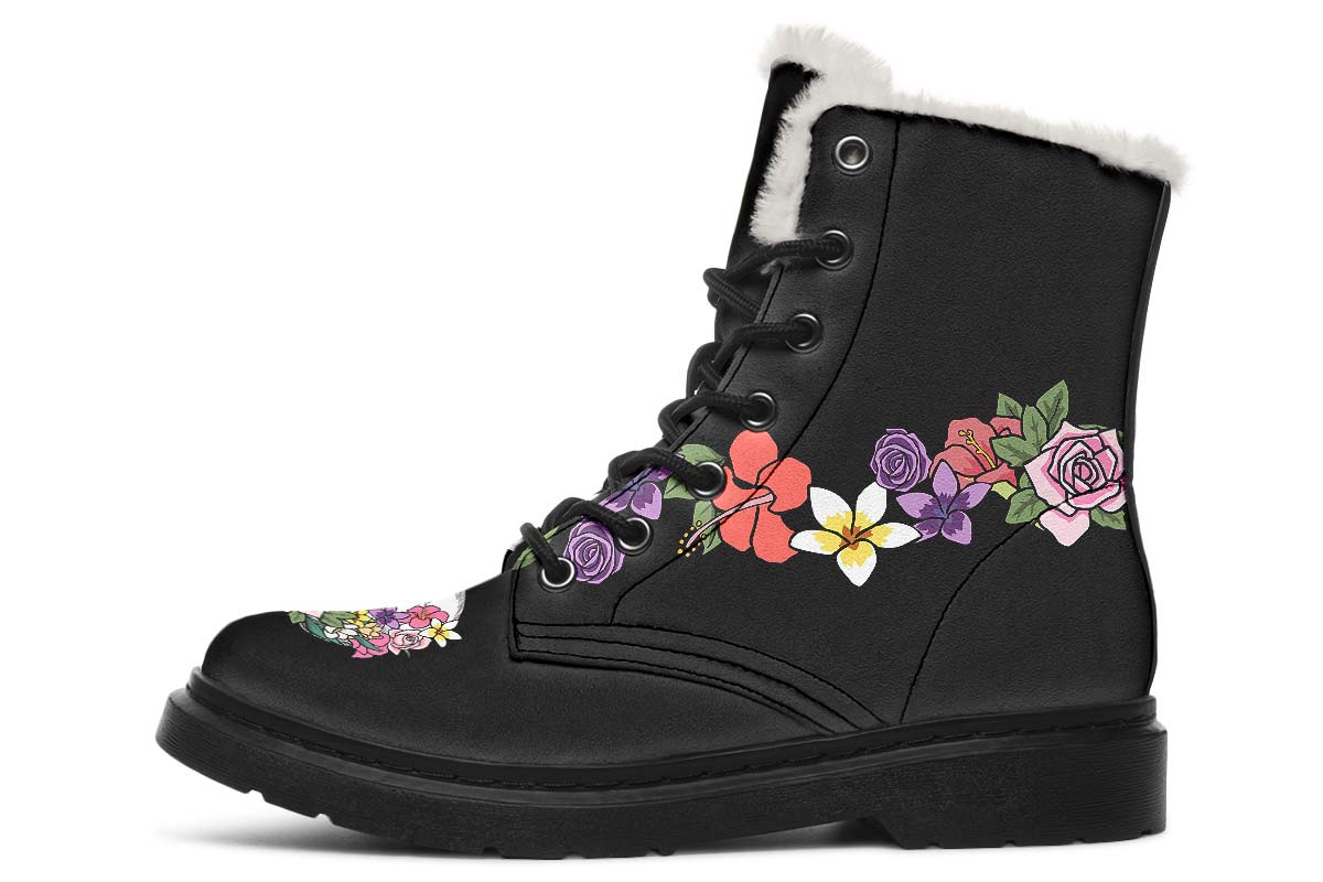 Floral Anatomy Skull Winter Boots - Custom Printed, High-Quality Microsuede