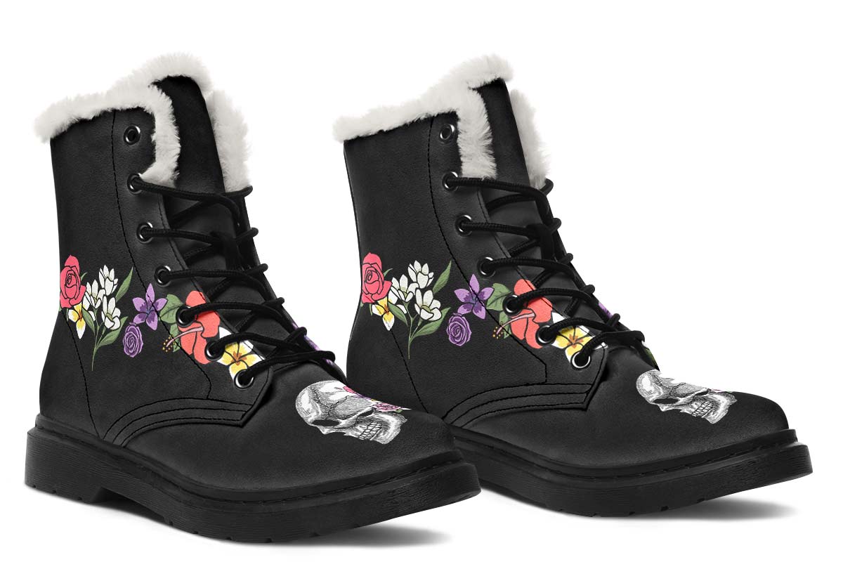 Floral Anatomy Skull Winter Boots - Custom Printed, High-Quality Microsuede