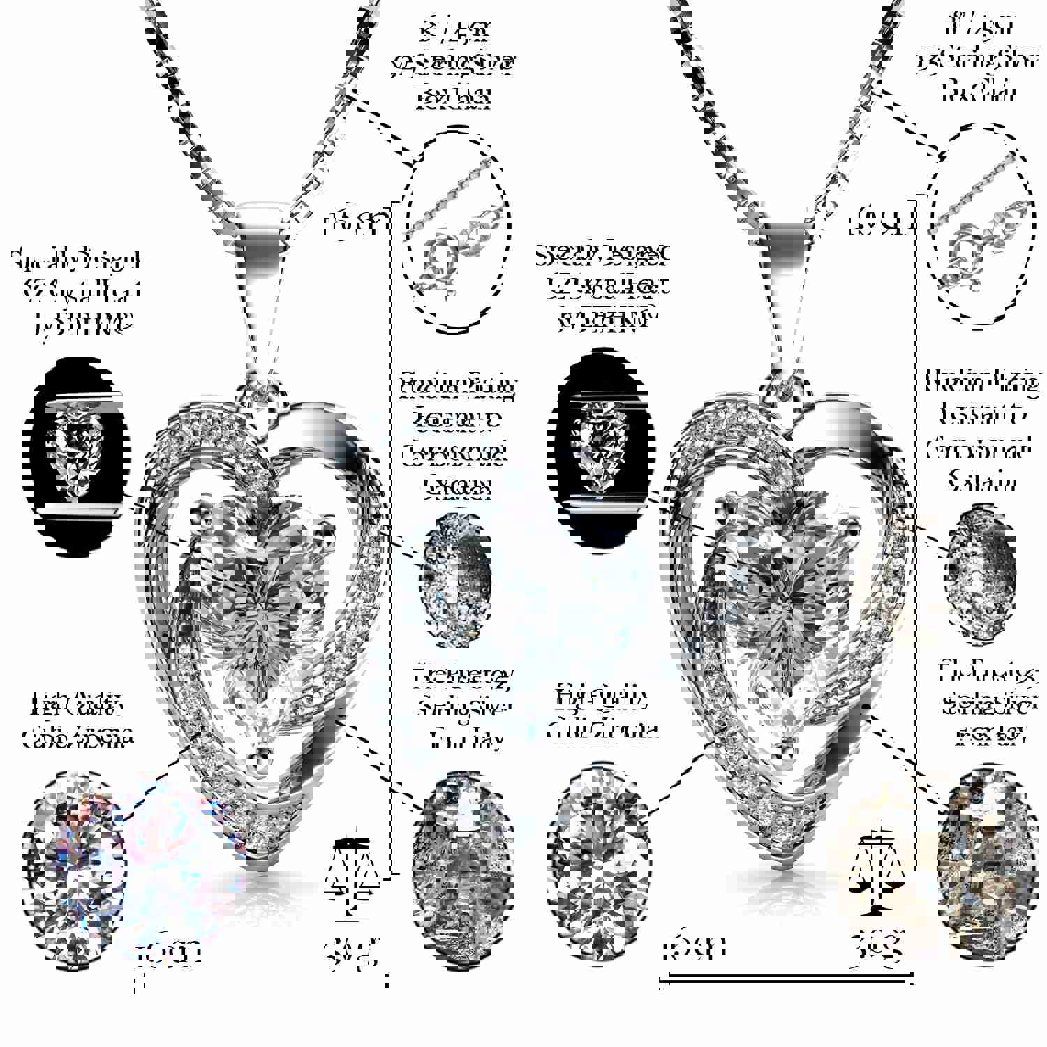 White Heart Necklace - 925 Sterling Silver Pendant with CZ Crystal