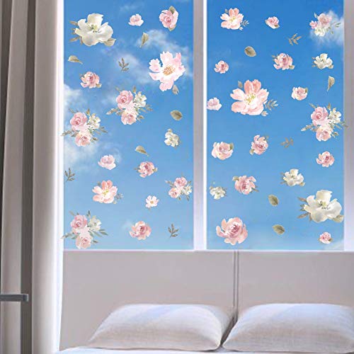 TOARTi Watercolor Pink Flowers Wall Decal - Blooming Peony Floral Sticker for Girls Bedroom & Wedding Party Decoration (56pcs)