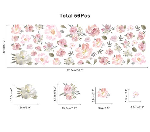 TOARTi Watercolor Pink Flowers Wall Decal - Blooming Peony Floral Sticker for Girls Bedroom & Wedding Party Decoration (56pcs)