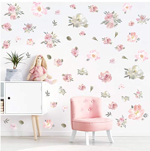TOARTi Watercolor Pink Flowers Wall Decal - Blooming Peony Floral Sticker for Girls Bedroom & Wedding Party Decoration (56pcs)