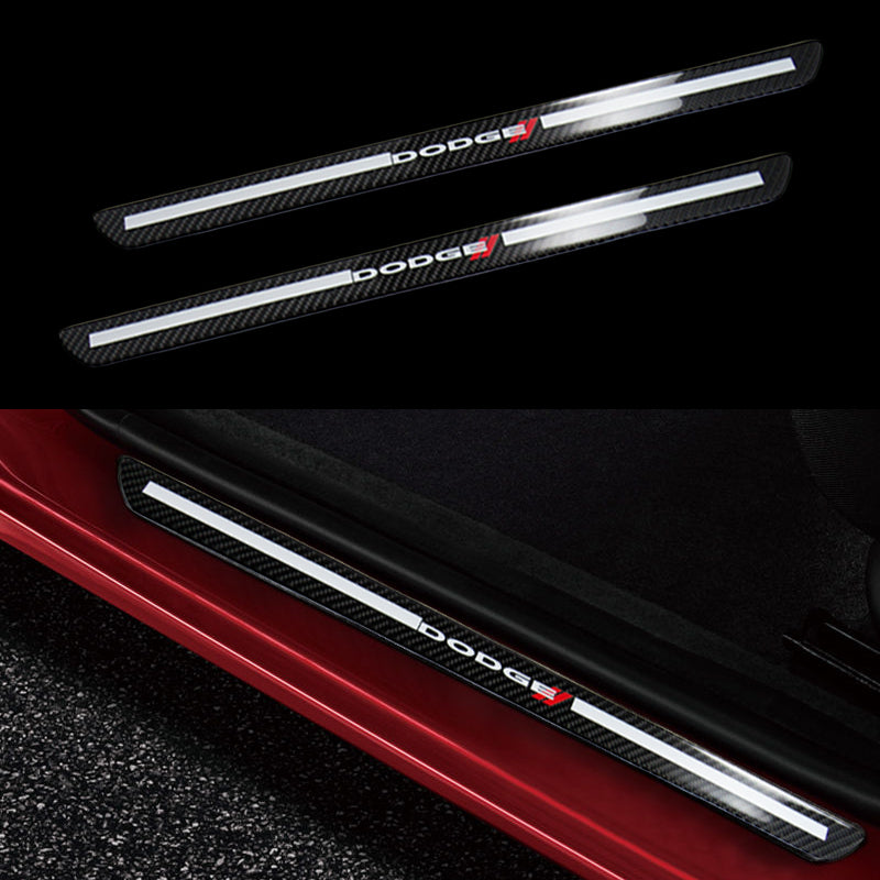 Dodge Carbon Fiber Car Front Door Welcome Plate Sill Scuff Cover Decal Sticker 2pc Set