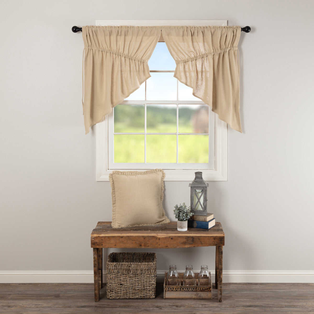 Burlap Vintage Prairie Swag Set of 2 - 36x36x18 - Rustic Cotton Curtains