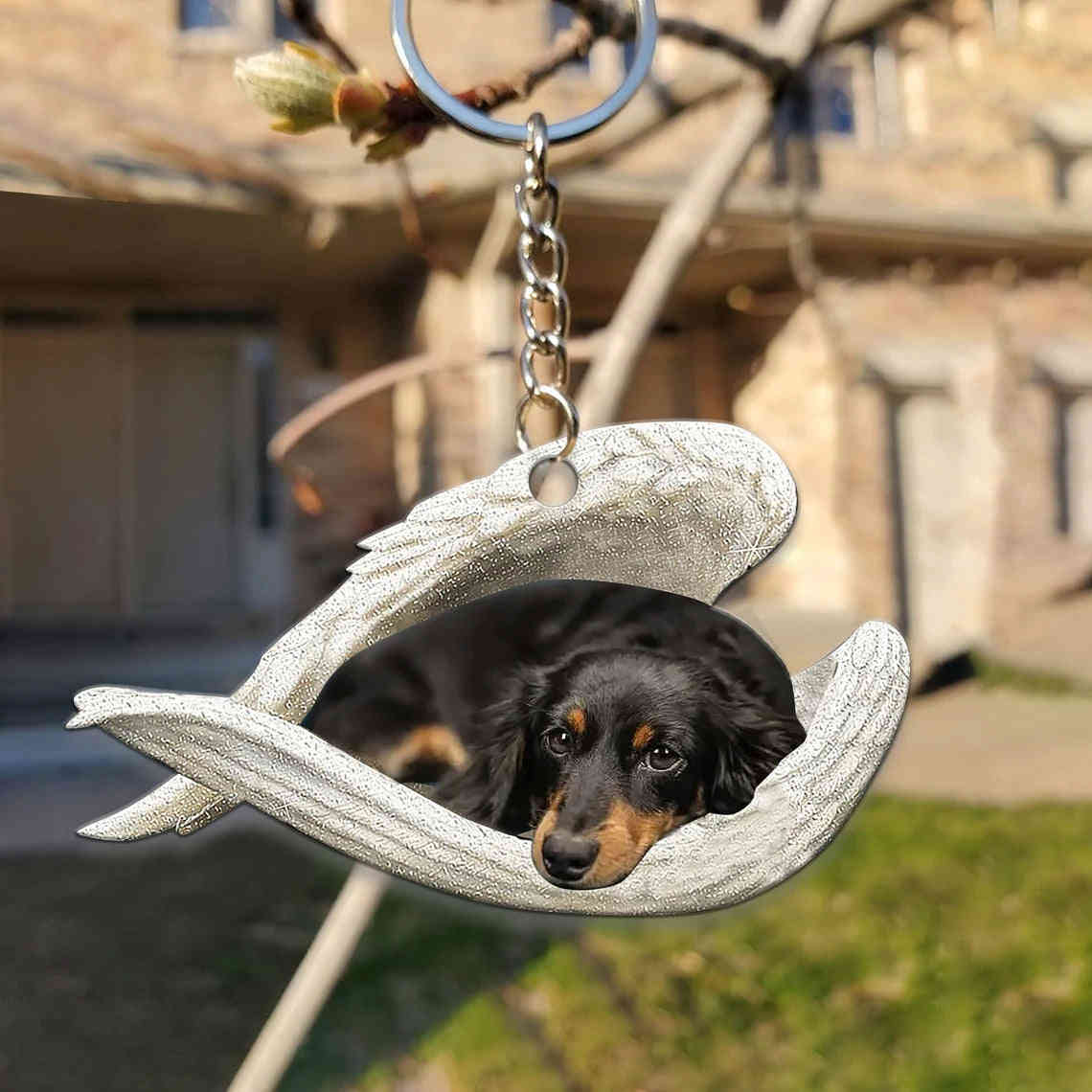 Long Haired Dachshund Sleeping Angel Wing - Memorial Car Mirror Charm