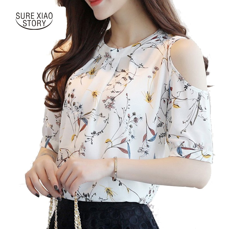Elegant Floral Print Chiffon Blouse for Women - Open Shoulder Loose Tops