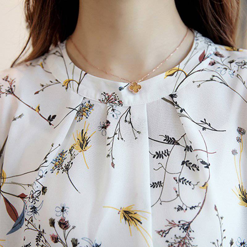 Elegant Floral Print Chiffon Blouse for Women - Open Shoulder Loose Tops