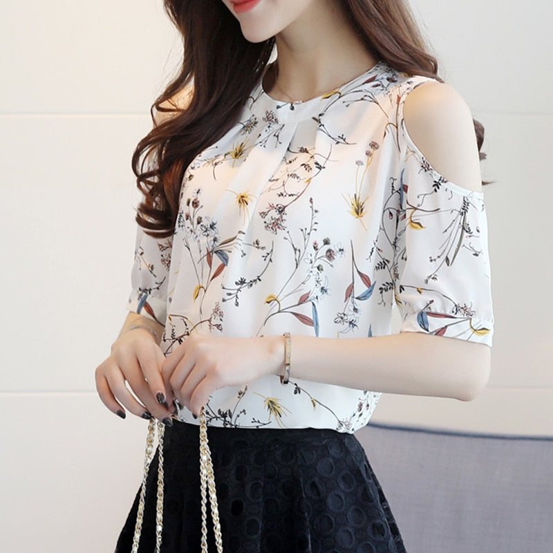 Elegant Floral Print Chiffon Blouse for Women - Open Shoulder Loose Tops