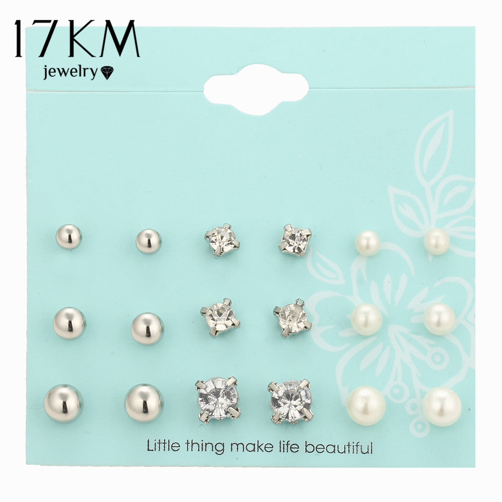 17KM New 9 Pairs/set Crystal Simulated Pearl Stud Earrings for Women