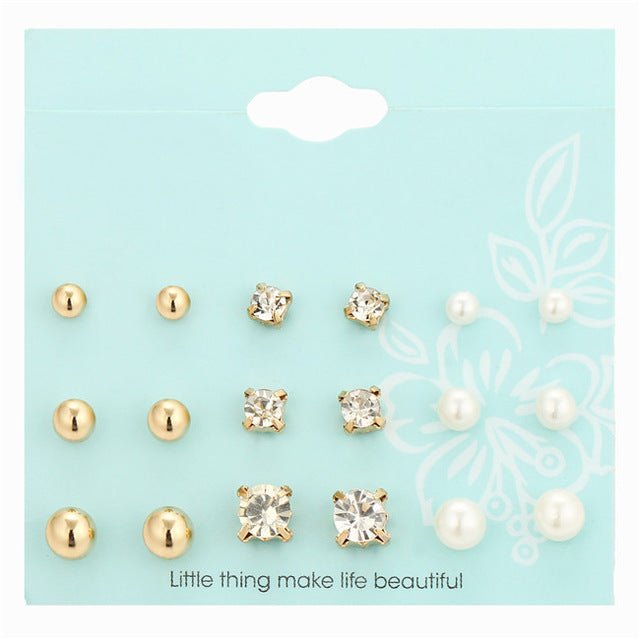 17KM New 9 Pairs/set Crystal Simulated Pearl Stud Earrings for Women