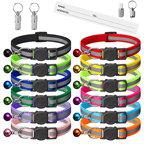 Extodry 14 Pack Reflective-Breakaway Cat Collars with Bells, Safety Buckle Kitten Collar, Adjustable for All Cats