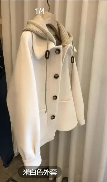 Nukty Women's Spliced Knitted Hooded Coat - Oversize Streetwear Korean Drama Style