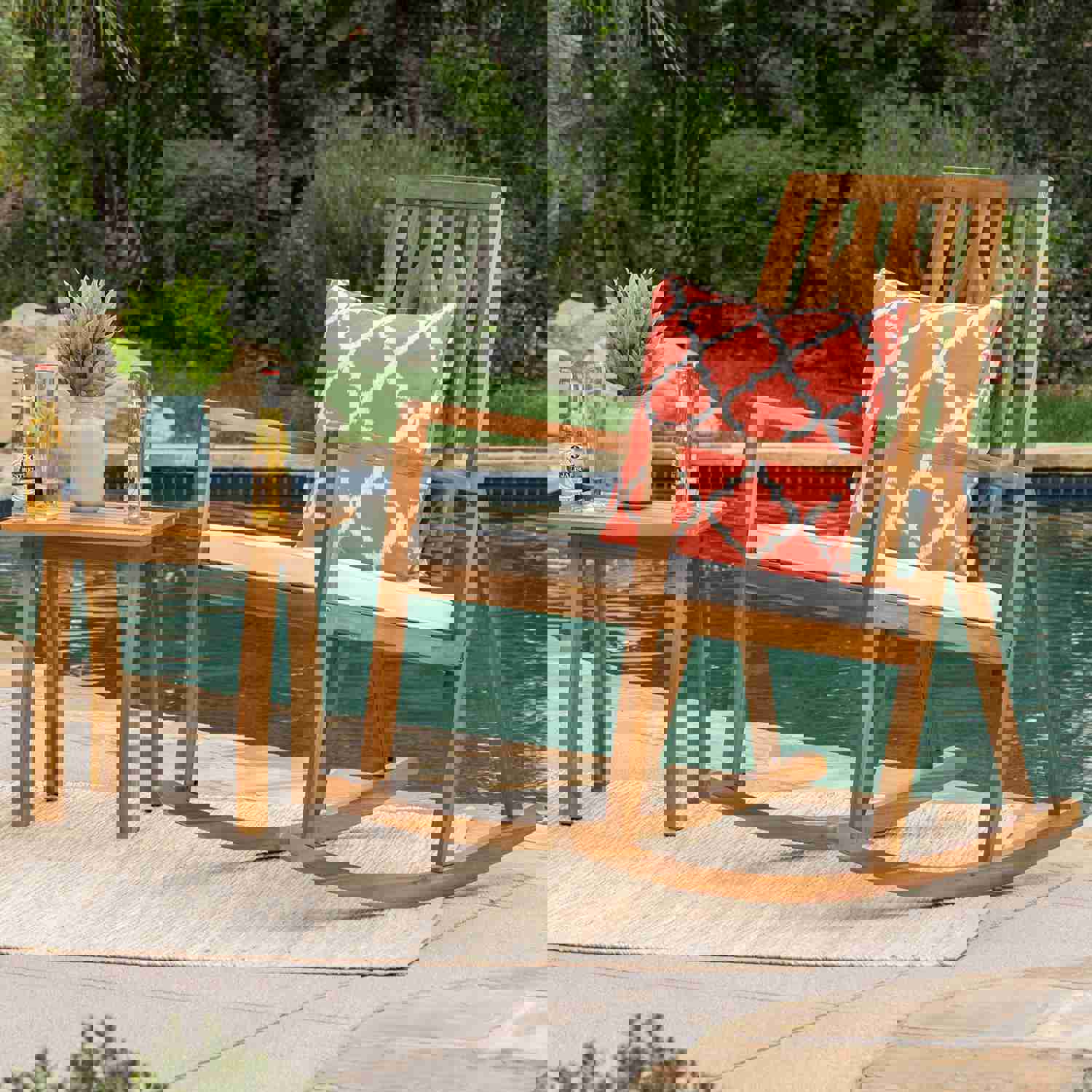 Noble Outdoor Geometric Teak Acacia Wood Rocking Chair with Accent Table